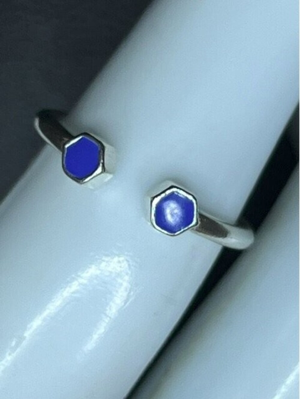B7556 Alex and Ani  Blue Hexagon Open Ring Sterling Silver sz 6 adjustable size